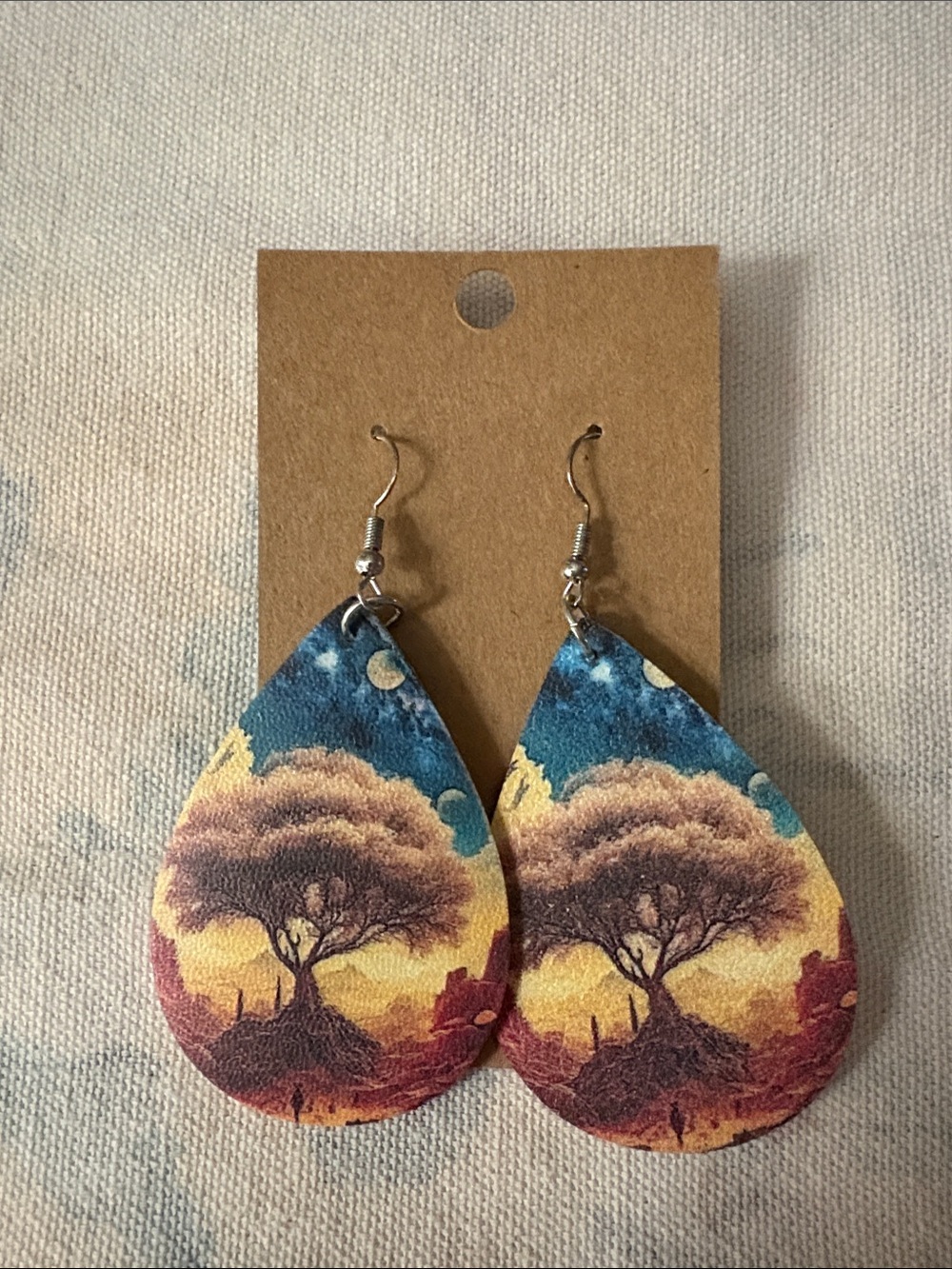 Teardrop Sunset Tree Leather Earrings - Blue/Yellow